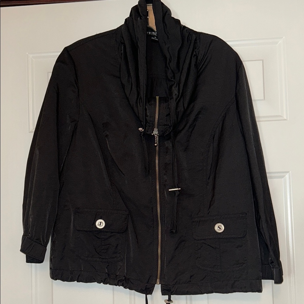 Tribella Zip-Up Women’s Jacket Black 12 Pockets Outerwear Cinched Waist Cotton